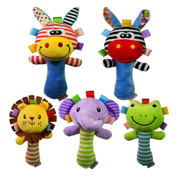 

Soft Baby Toy Cartoon Animal Rattle Squeaker BB Sounder Early Educational Doll Elephant Giraffe Lion Frog Plush Hand Rattle Bell