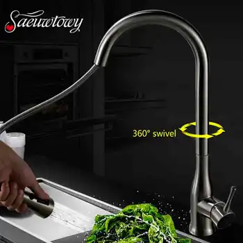 

Saeuwtowy Brushed Nickel Kitchen Faucet Hot and Cold Mixer Tap Deck Mounted Water Stop Valve Stainless Steel
