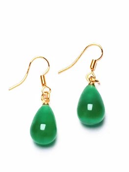 

Koraba 14k Yellow Gold Plated Green Jade Water Drop Dropping Necklace Hook Earring