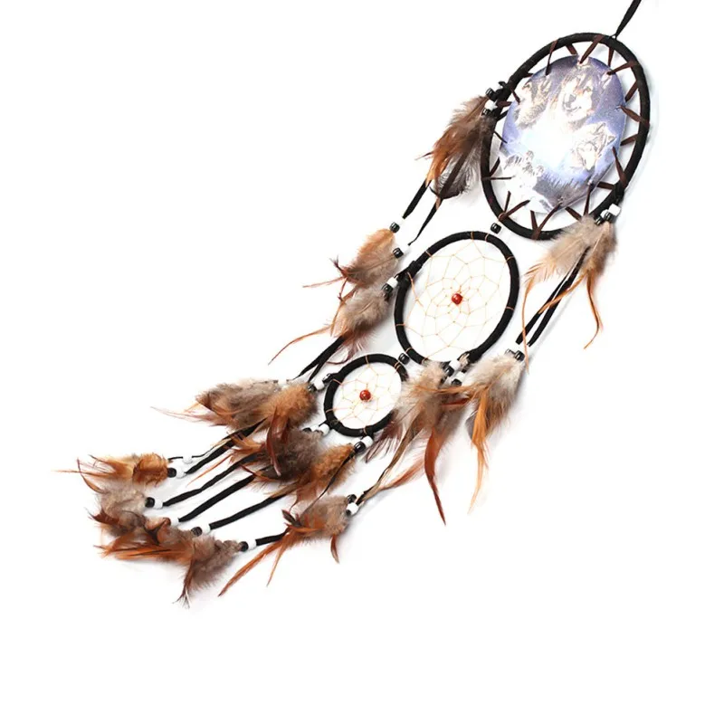 Atrapasueños hechos a mano campanas de viento patrón de lobo pluma colgante atrapasueños colgante regalo decoración del hogar Accesorios Adorno