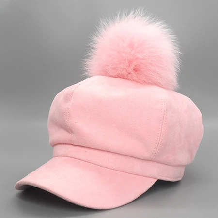 Однотонная замшевая кепка газетчика с лисьим мехом, розовые помпоны, зимняя восьмиугольная шляпа для женщин, роскошная дизайнерская шапочка в стиле ретро, повседневный берет - Цвет: Pink