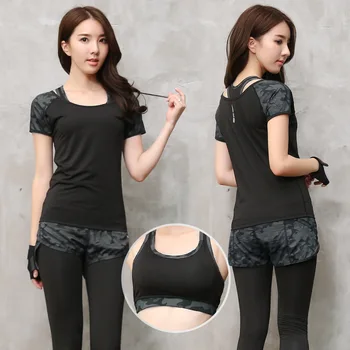 

Women Tracksuit Yoga Sets Three Piece Workout Clothes Short Sleeve T-shirt Bra & Shorts Athletic Running Fitness Jumpsuits Sport