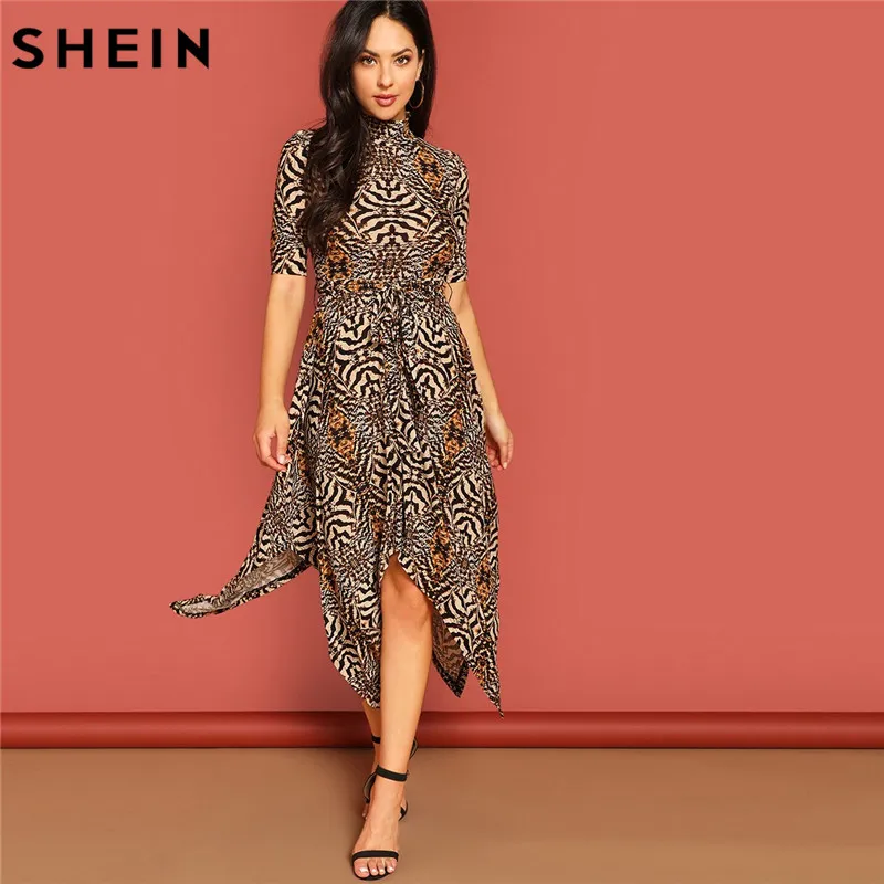 SHEIN Multicolor Animal Print A Line Dress Elegant Long Belted Half