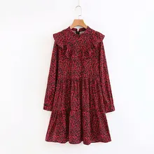 Женское винтажное мини-платье с длинным рукавом и красным леопардовым принтом элегантное женское платье с оборками vestidos шикарное повседневное тонкое вечернее платье DS1151