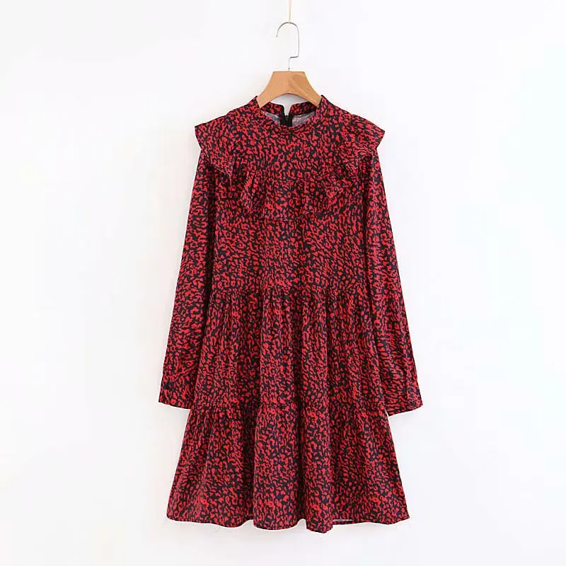 Najtaniej 2018 kobiet w stylu vintage z długim rękawem czerwony wzór w cętki mini sukienka eleganckie panie ruffles vestidos swobodny szyk slim party dress DS1151