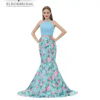 เจียมเนื้อเจียมตัว 2 ชิ้นชุดราตรี Mermaid 2019 Vestido De Formatura 3D พิมพ์ดอกไม้เซ็กซี่ชุดวันเกิดชุดราตรียาวชุด