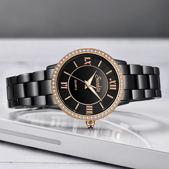 SUNKTA Crystal Diamond Black Ceramic Women Watches Waterproof Top Brand Luxury Clock Fashion Simple Watch women