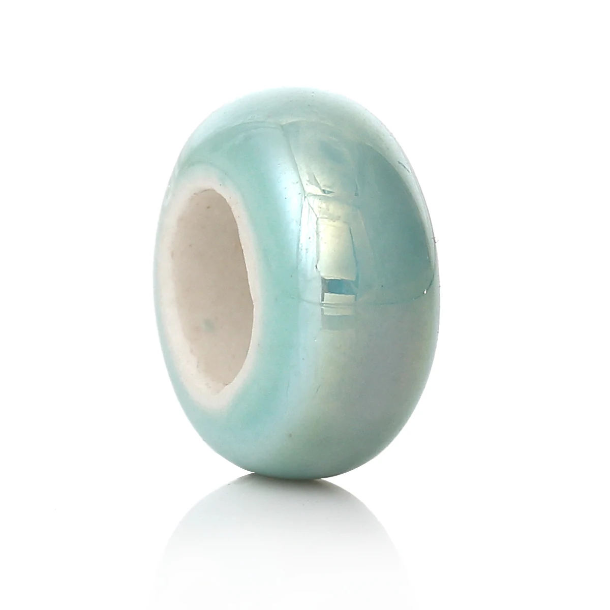 

10PCs DoreenBeads DIY Ceramics European Beads Flat Round Green AB Color Jewelry About 13 x 6mm, Hole: 6.3mm