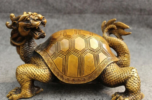 

bi002382 9" Chinese Bronze FengShui Wealth RuYi Longevity Dragon Turtle Statue Animals