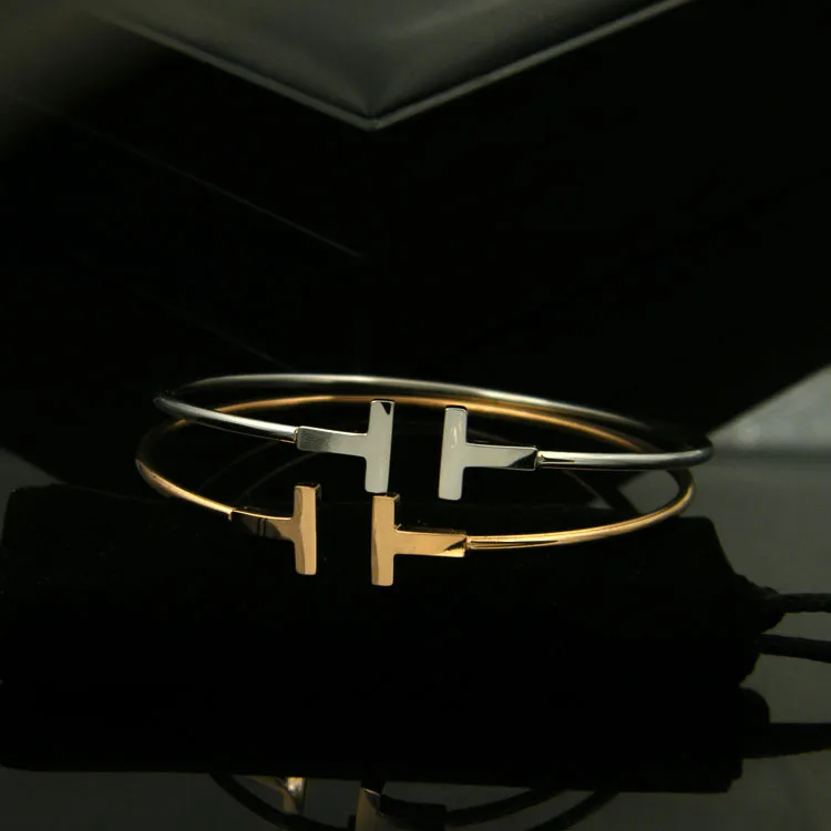 

2018 New Luxury stainless steel open cuff double T letter charms Men Women bangle bracelet party wedding jewelry