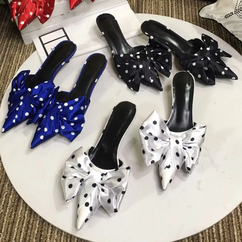 

2019 Star Brand Hot Pointed Toe Woman Slipper Butterfly Knot Decor Women Shoes Kitten Heel Polka Dot Mules Chic Zapatos Mujer