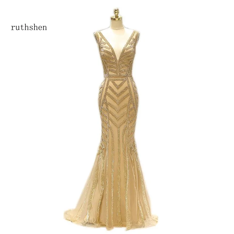 

ruthshen 2018 Sexy Deep V-Neck Diamonds Long Gold Formal Evening Gowns Robes De Soiree Prom Dress Evening Dresses Mermaid Style