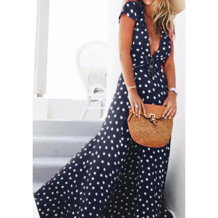 

Plus Size Summer Dress 2018 for Beach Black Chiffon Polka Dot Deep V Neck Maxi Dress Tunic Split Sexy Long Party Dress with Belt