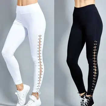 

2019 Women High Waist Lace Up Leggings Solid Pencil Pants Slim Full Lenghth Bandage
