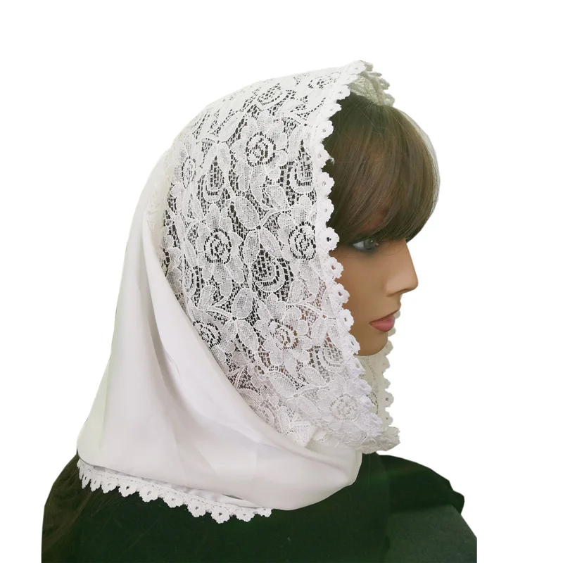 Couverture Small Size ring Embroidery scarf Catholic Church white Lace Satin Mantilla Chapel Infinity Veil with a sewn-in clip 5