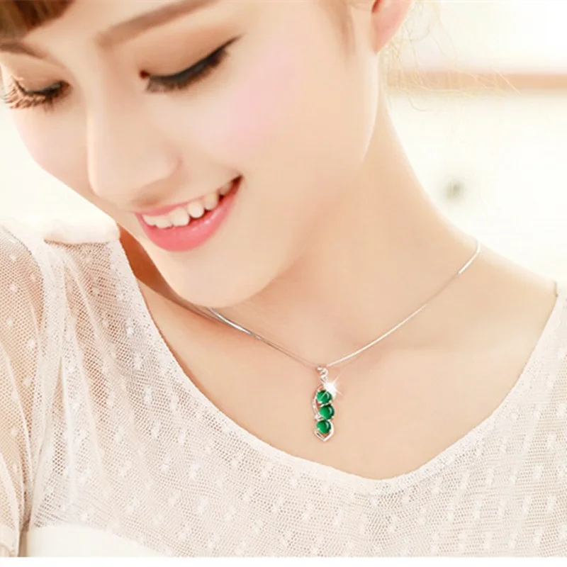 OMHXZJ European Fashion Woman Girl Party Gift Bean Chalcedony Zircon 925 Sterling Silver Necklace Pendant Charm CA45