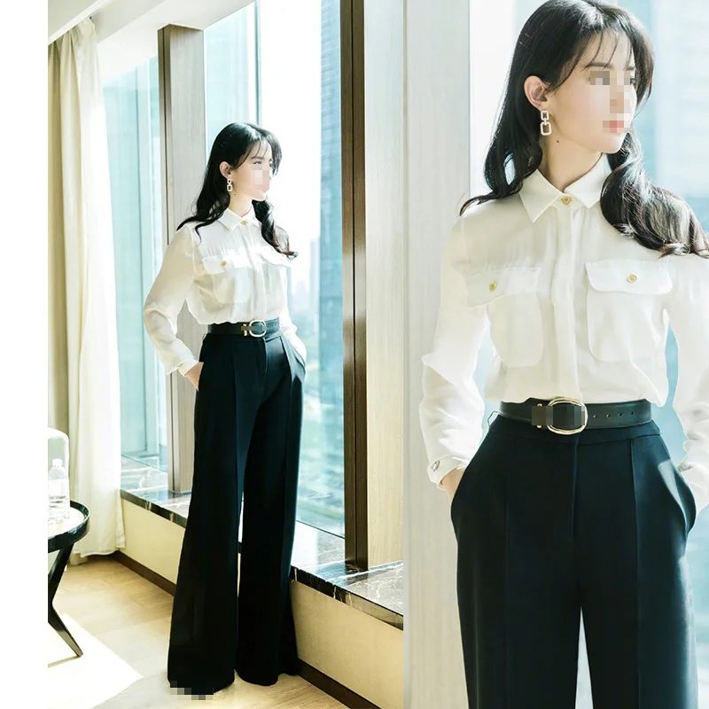 

2019 Spring Star Temperament High Waist and Broad Pants Fashion New Style Sashes Full Length Black Pants Women