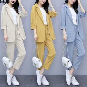 

2019 Korean Linen Two Piece Suits Sets Women Plus Size 3/4 Sleeve Tops And Pants Sets Casual Office Elegant Suits Yellow Blue