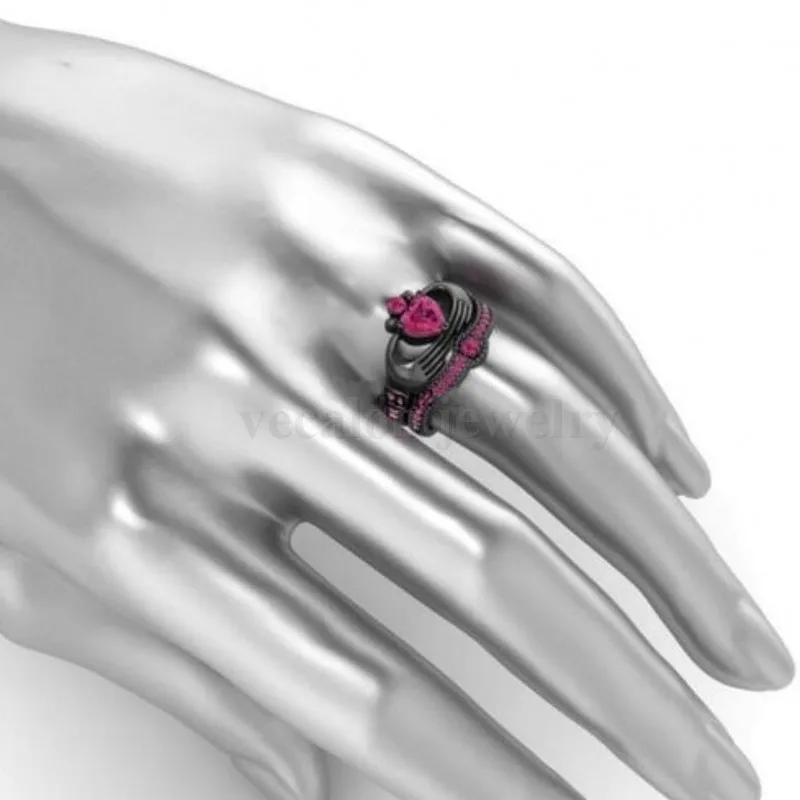 Vecalon Fashion Red Birthstone claddagh ring 5A Zircon Cz Black gold filled Party wedding Band ring Set for women men Gift