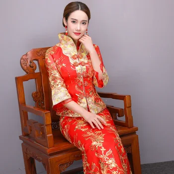 

Red Sexy Wedding Dress Vintage Cheongsam Qipao Long Traditional Chinese Dresses Women Phoenix Embroidery Bride Traditions