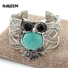 Boêmio retro vintage tibet prata cor pulseira coruja forma howlite charme aberto manguito pulseiras boho jóias