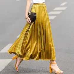 2018 летняя модная женская длинная Серебристая однотонная плиссированная юбка макси с завышенной талией, эластичная юбка, повседневные