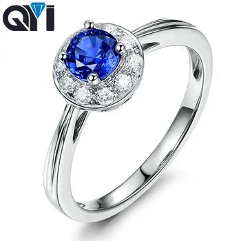 

QYI 925 Sterling Silver Halo Engagement Rings 0.8ct Round Cut Blue Sona Stone Jewelry Women Simulated Sapphire Wedding Rings