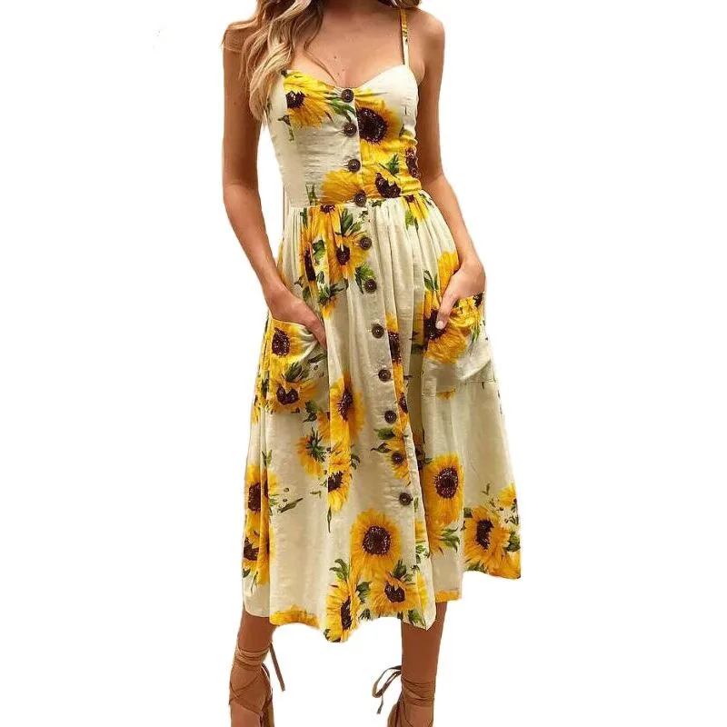 

Sexy Summer Button Beach Boho Bohemian Dress Women 2019 Floral Print Polka Dots Striped 17 Colors Plus Size 3XL Red Midi Dresses