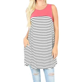 

Women Pregnant Nusring Maternity Sleeveless Stripe Splicing Pocket Blouse Tops(Pink)