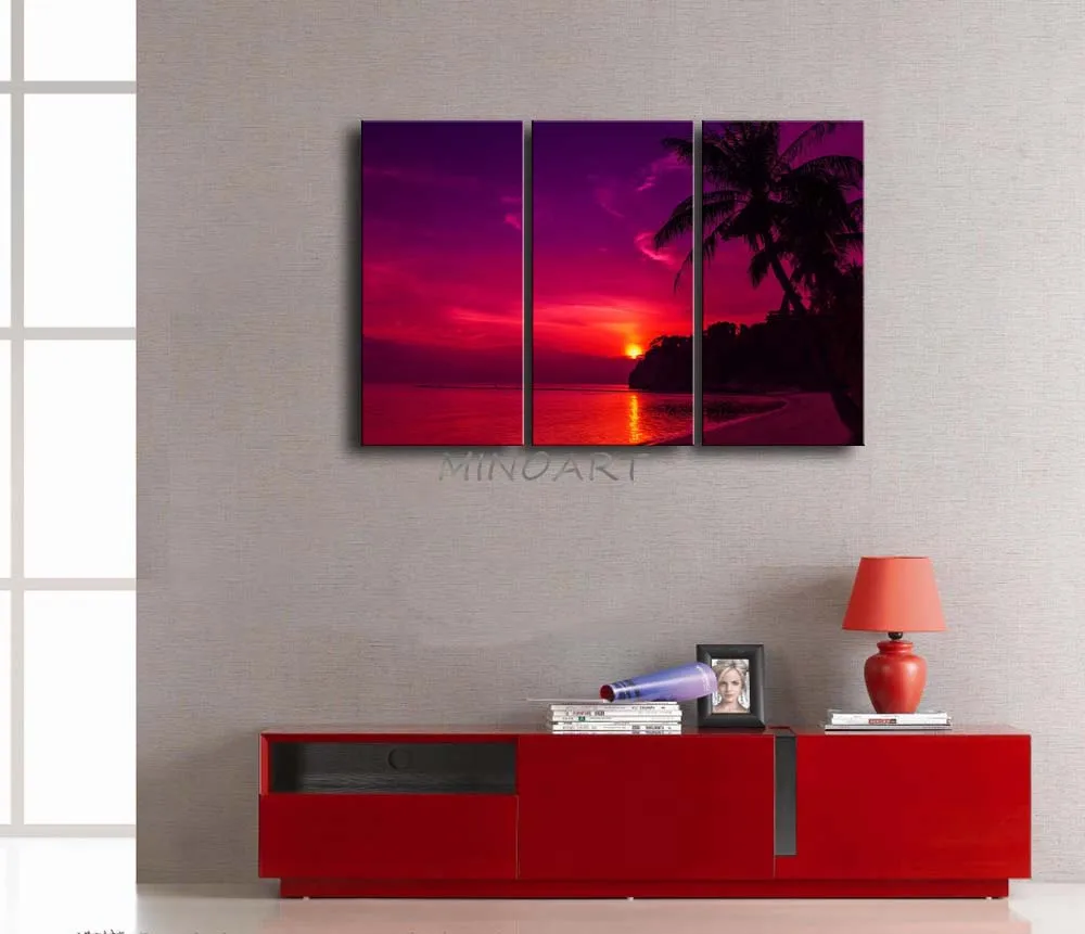3 Piece Red Wall Art Painting Sunset On The Beach Coconut Tree