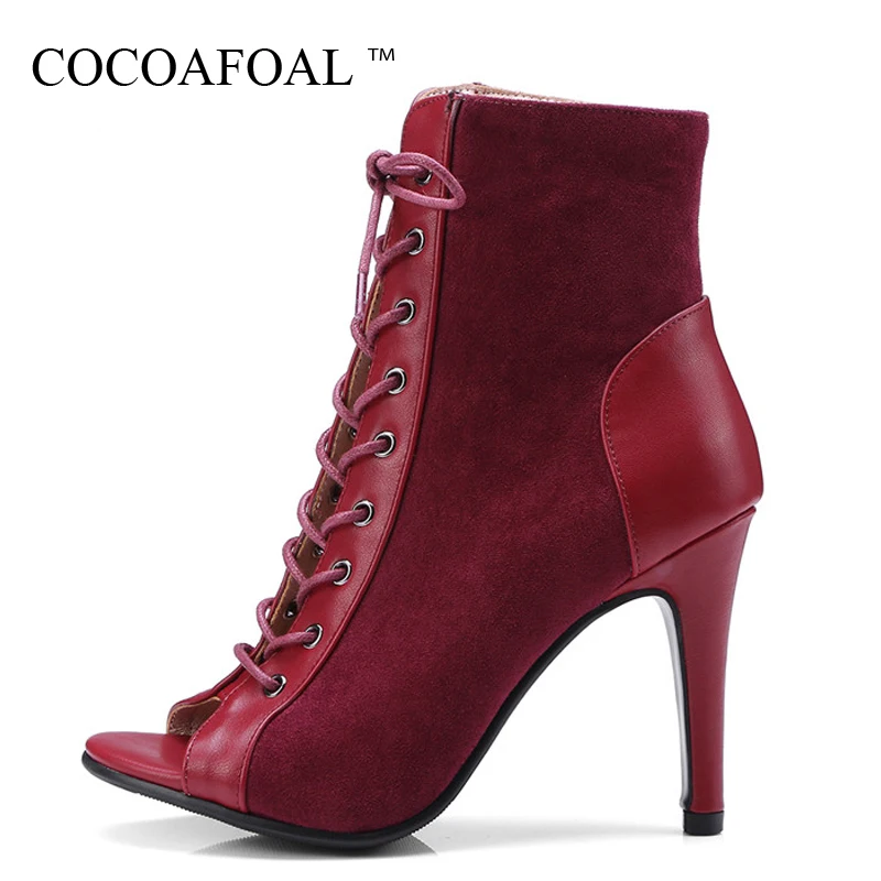 

COCOAFOAL Women Denim Peep Toe Sandals Big Size 43 Fetish Sexy High Heels Red Wedding Sandalias Summer Spartiate Femme Shoes