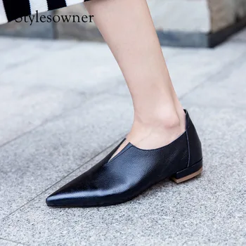 

Stylesowner 2018 New Design Hand-made Leisure Shoes Cow Leather Pointed-toe PU Low Heels Shallow Korean Style Casual Shoes