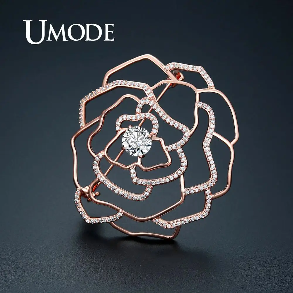 

UMODE Rose Gold Color Flower Brooches Vintage Suit Pins Crystal Cubic Zirconia Brooches Women Luxury Jewelry Accessories UX0017A