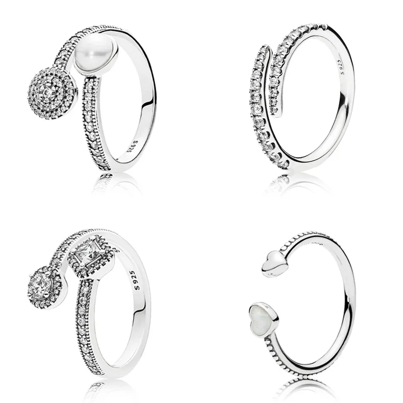 4 Style 1 Pcs Women 925 Sterling Silver Rings Jewelry Heart Pearl Crystal Opening Style Ring For Women Jewelry