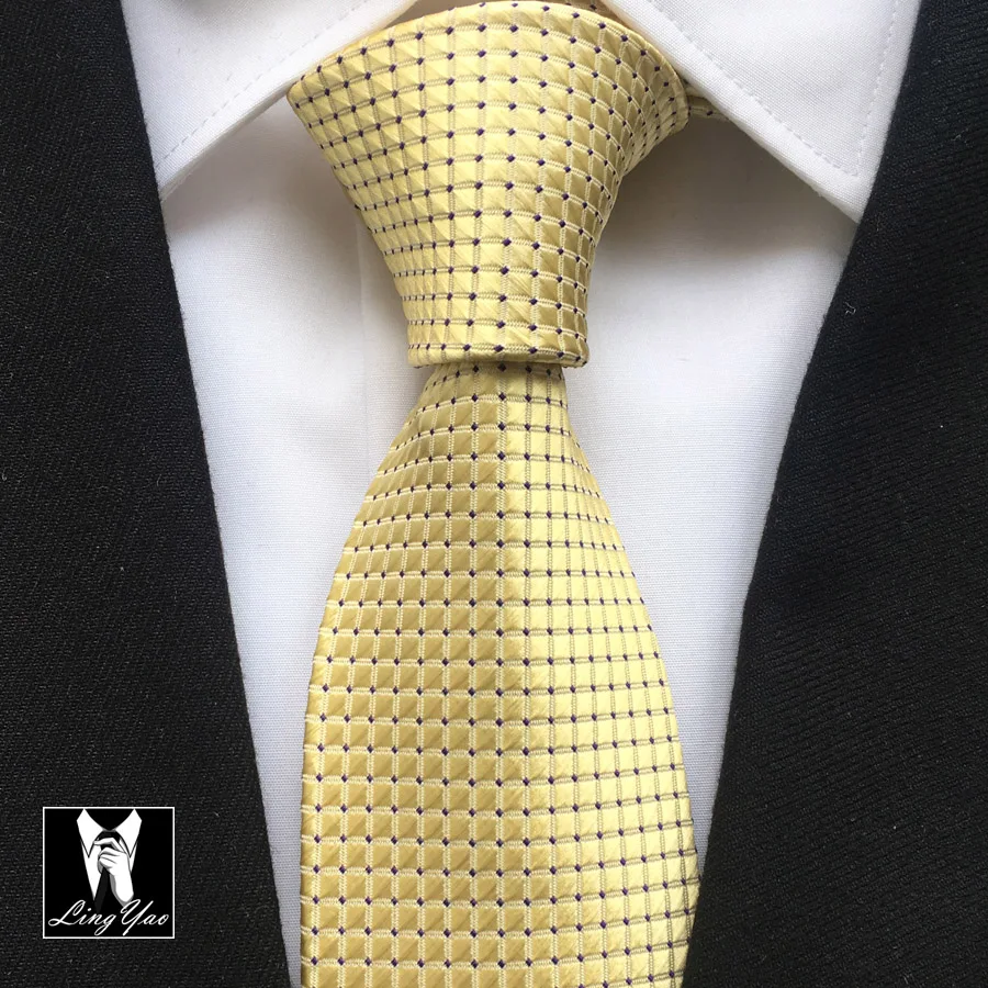 

8cm Men unique formal tie bridegroom wedding necktie yellow with black dots checkers