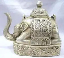 Ремесла Искусство хороший китайский старый коллектор Китайский Тибет Серебряный слон форма фигуры чайник украшения сада латунь