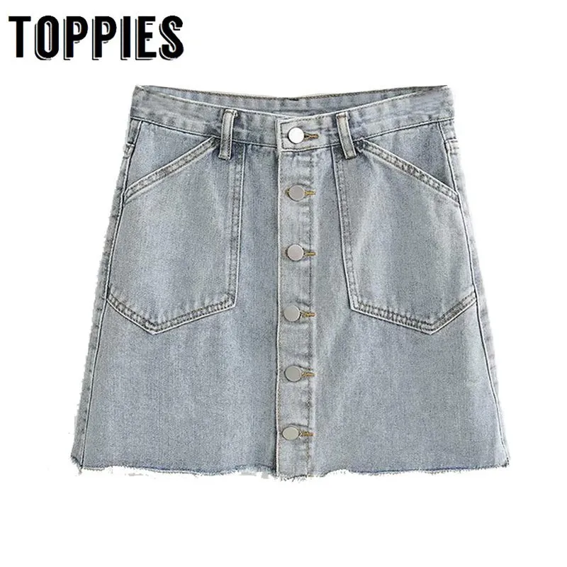 

Sexy Ripped Mini Jeans Skirt 2019 Summer Women Slim A Lline Denim Skirt Basic Pocket Single Breasted