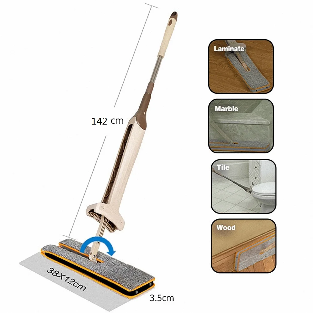 Double Sided Flat Mop Self Wringing Wet&Dry Clean Microfiber Convenient
