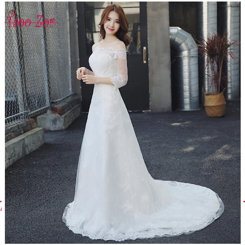 Taoo Zor Robe De Mariage Nouvelle Une Ligne Voile De Mariage Robes 2017 bateau Cou Dentelle