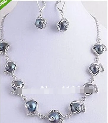 

hot sell NEW Genuine Jewelry Weird Black Pearl Necklace Earring Set