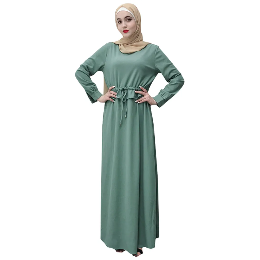 

ISHOWTIENDA Muslim Dress Women Robe Full Sleeve Muslim Women Long Solid Color Dresses Dubai Robe Gown Robe Musulmane Longue