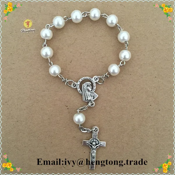 

6mm white glass beads rosary bracelet,religious catholic bracelet with AVE MARIA centerpiece and alloy cross,decade rosary
