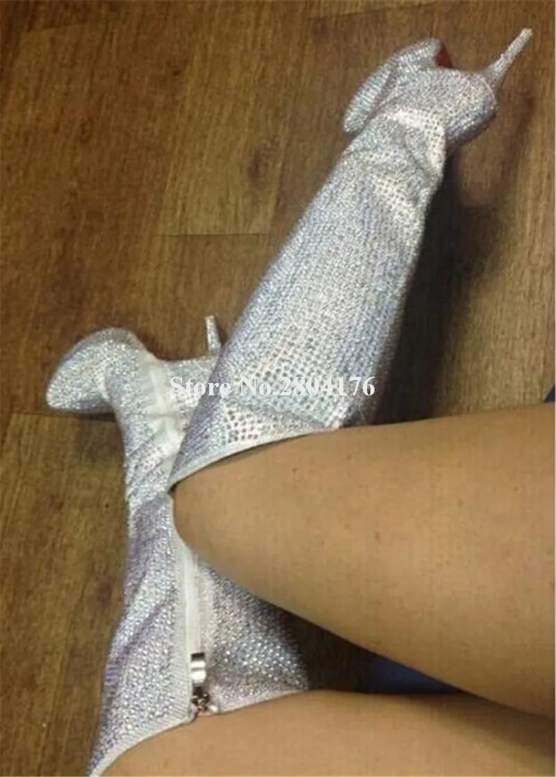 

Charming Bling Bling Rhinestone High Platform Knee High Thin Heel Boots Round Toe Crsytal Long High Heel Boots Wedding Shoes