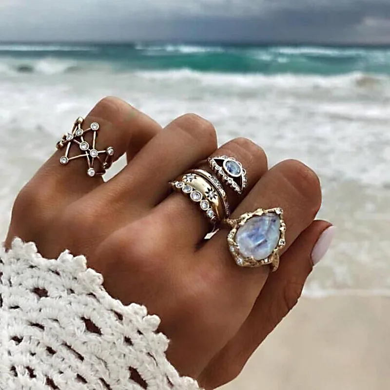 

5 Pcs/Set Bohemia Crystal Stars Eyes Water Drop Finger Rings Geometric Fashion Gold Ring Set Lady 2019 Charm Jewelry Accessories