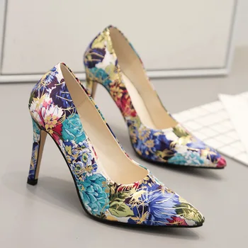 

Women Shoes Pumps Pointed Toe Stiletto Ladies Shoes Women Spring Print Flowers High Heels 10CM Nightclub Party Wedding Shoes