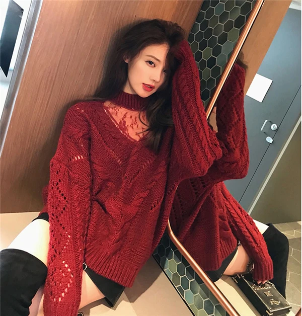 RUGOD сексуальный кружевной сетчатый лоскутный вязаный женский свитер корейский шик круглый вырез витые пуловеры свитера модная одежда больших размеров - Цвет: Красный