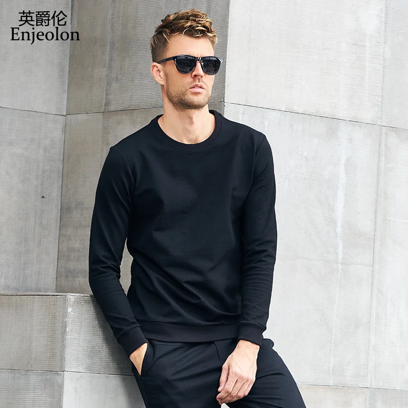 

Enjeolon brand new Long Sleeve o neck Sweatshirts Men Black solid clothes 2 color Sweatshirts male clothing WY543