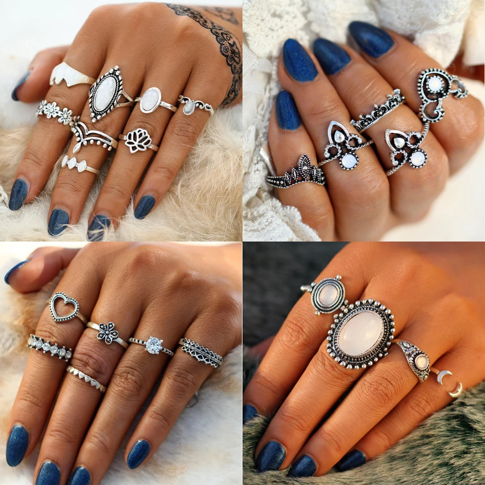 

17KM Big Opal Stone Knuckle Rings Set For Women Antique Silver Color Flower Midi Finger Ring Bohemian Vintage Jewelry 2018 New
