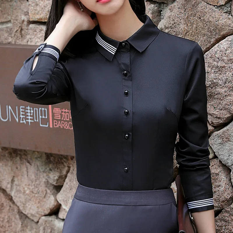 Модная женская одежда, хлопковая рубашка с длинным рукавом, новинка, осенняя черная узкая блуза, Офисная Женская деловая рубашка размера плюс, официальные Топы - Цвет: Black