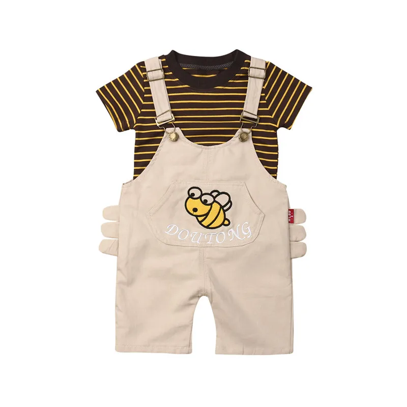 

Kids Baby Boys Clothes Striped Short Sleeve round neck pullover Tops strap pocket Geometry overalls 2pc Toddler lovely Outfits